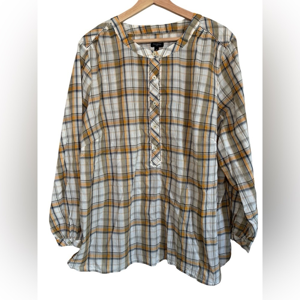Talbots Top Band Collar Popover Shirt 2X Sunny Plaid Yellow Country Cotton